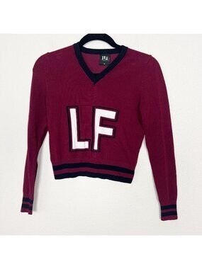 FIND LF Womens Medium Maroon V-Neck Cropped Varsity Sweater